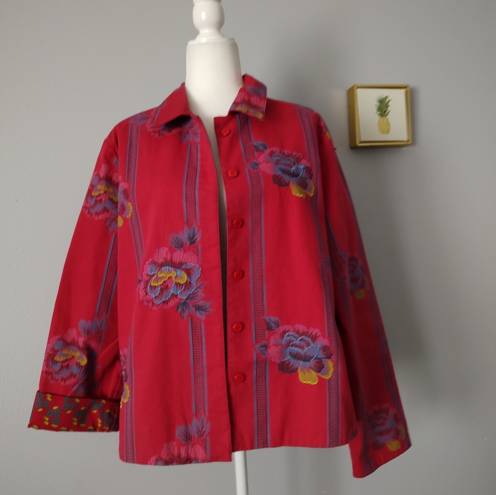 Embroidered Denim Jacket Hearts Of Palm Womens  Size 16 Decorative Button Pink